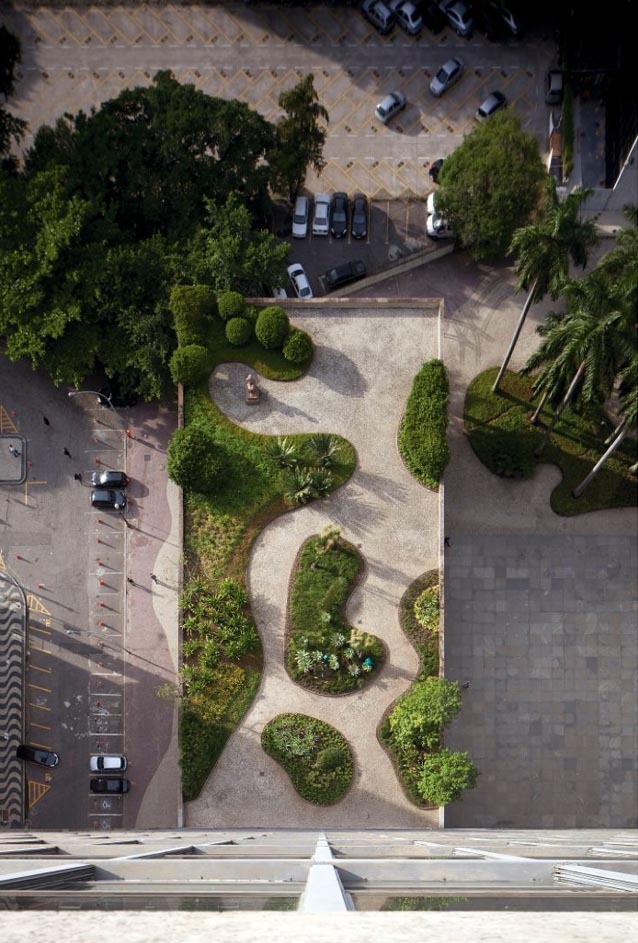Aerial view of a Greenfields courtyard garden with sculpted hedges and mature trees