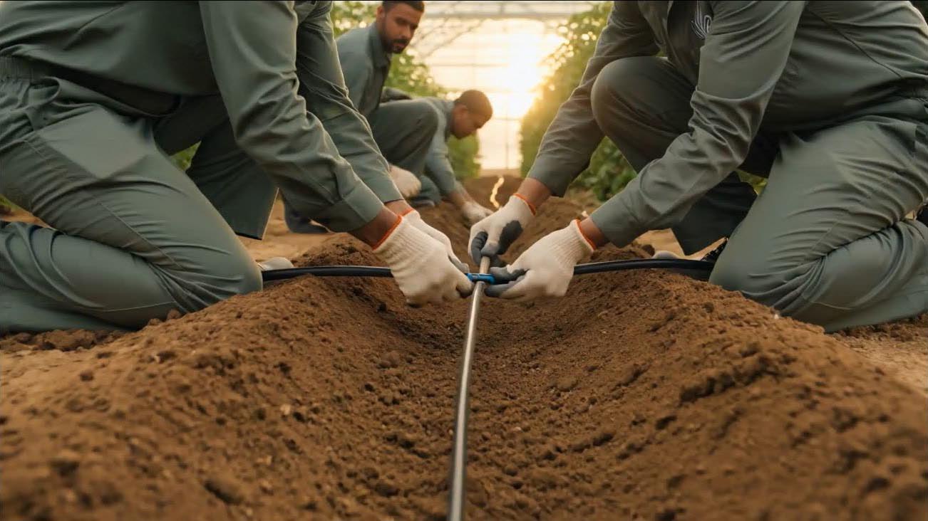 Technicians installing drip irrigation lines by hand